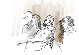 Illustration från rättegången mot de tre före detta Knutbypastorerna, bland dem Åsa Waldau och Peter Gembäck. Arkivbild.