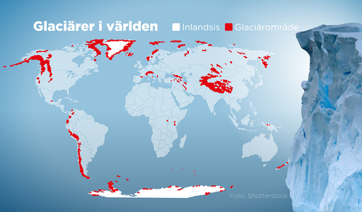Kartan visar inlandsisar och glaciärområden i världen.