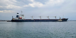 Fartyget Rizoni lämnar Odessas hamn med 26 000 ton spannmål under måndagsmorgonen. Bilden kommer från Ukrainas infrastrukturdepartement.