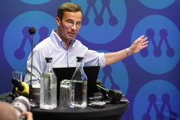 Partiledare Ulf Kristersson talar under Moderaternas valupptakt i Norrköping under torsdagen.