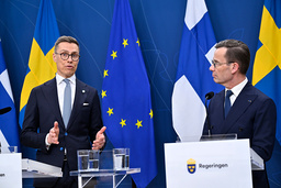 Finlands president Alexander Stubb och statsminister Ulf Kristersson (M) och höll pressträff efter bilaterala överläggningar.
