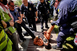 En demonstrant vid University of Southern California i Los Angeles grips på onsdagen.