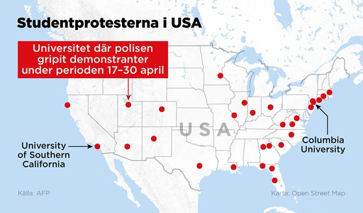 Kartan visar universitet i USA där polisen gripit demonstranter under perioden 17–30 april.