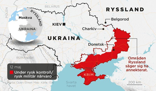 Områden i Ukraina under rysk kontroll eller med rysk militär närvaro den 12 maj.