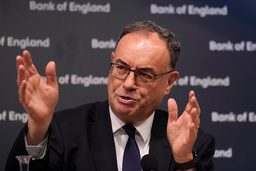 Räntebesked från den brittiska centralbanken Bank of England med chefen Andrew Bailey. Arkivbild