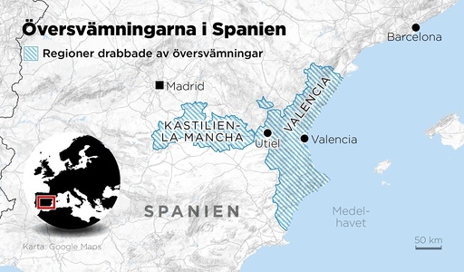 Kartan visar regionerna Valencia och Kastilien-La Mancha som har drabbats värst av översvämningarna i Spanien.