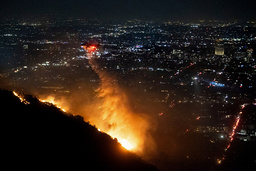 En helikopter vattenbombar branden i Hollywood Hills.