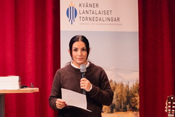 Kulturminister Parisa Liljestrand (M) i samband med att hon i november 2023 tog emot en utredning från sannings- och försoningskommissionen för tornedalingar, kväner och lantalaiset. Arkivbild.