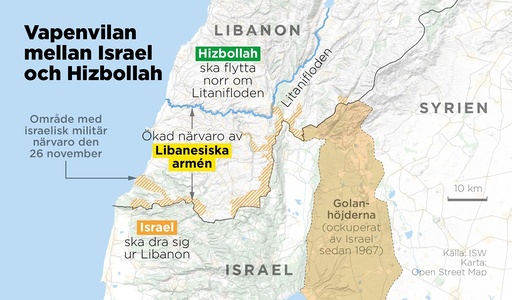 Vapenvilan mellan Israel och Hizbollah går ut på att Hizbollah ska dra sig norr om Litanifloden och Israel dra sig ur Libanon.