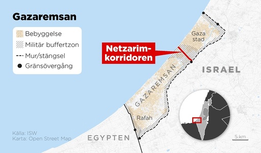 Kartan visar Netzarimkorridoren i Gaza samt gränsövergångar mot Egypten och Israel.