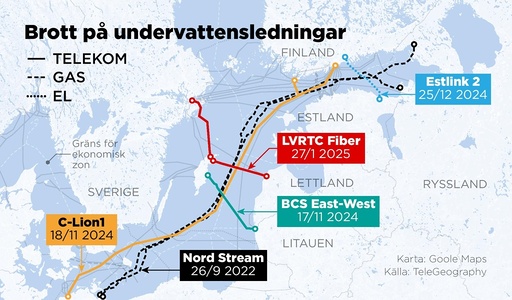 Kartan visar några av de viktigaste undervattensledningarna i Östersjön.