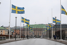 Flaggning på halv stång längs Norrbro vid riksdagen under onsdagen.