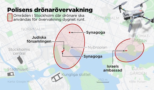 Kartan visar områden i Stockholm där drönare ska användas för övervakning dygnet runt.