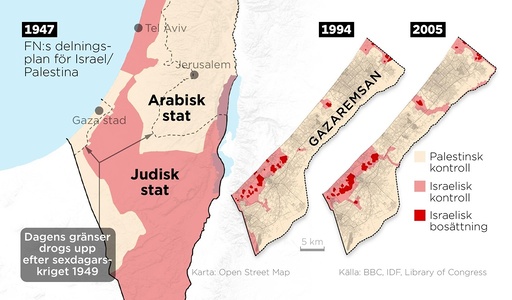 FN:s delningsplan för Israel/ Palestina från 1947 samt kartor över Gazaremsan som visar Israeliska bosättningar 1994 och 2005.