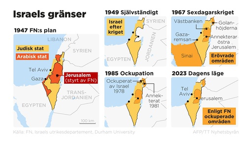 Kartorna visar Israels gränser vid olika tidpunkter sedan 1947.