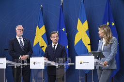 Utbildningsminister Johan Pehrson (L), statsminister Ulf Kristersson (M) och energi- och näringsminister Ebba Busch (KD). Arkivbild.