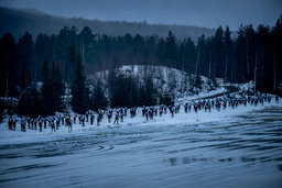 På vissa ställen efter Vasaloppspåret var det blött som här vid starten i Berga By. Bilden är från starten av Öppet Spår i måndags.