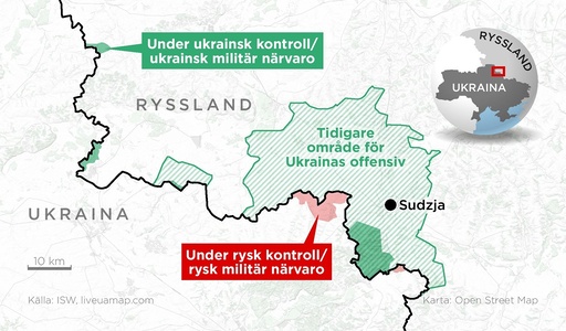 Kartan visar tidigare områden för den ukrainska offensiven i Kursk samt områden med rysk respektive ukrainsk militär närvaro eller kontroll.