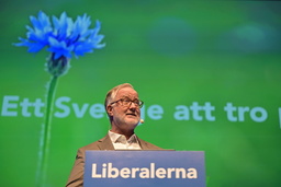 Liberalernas partiledare Johan Pehrson talar på partiets riksmöte i Karlstad på lördagen.